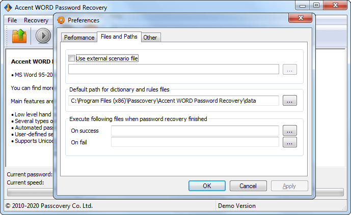 Enlarge Accent WORD Password Recovery. Program Settings